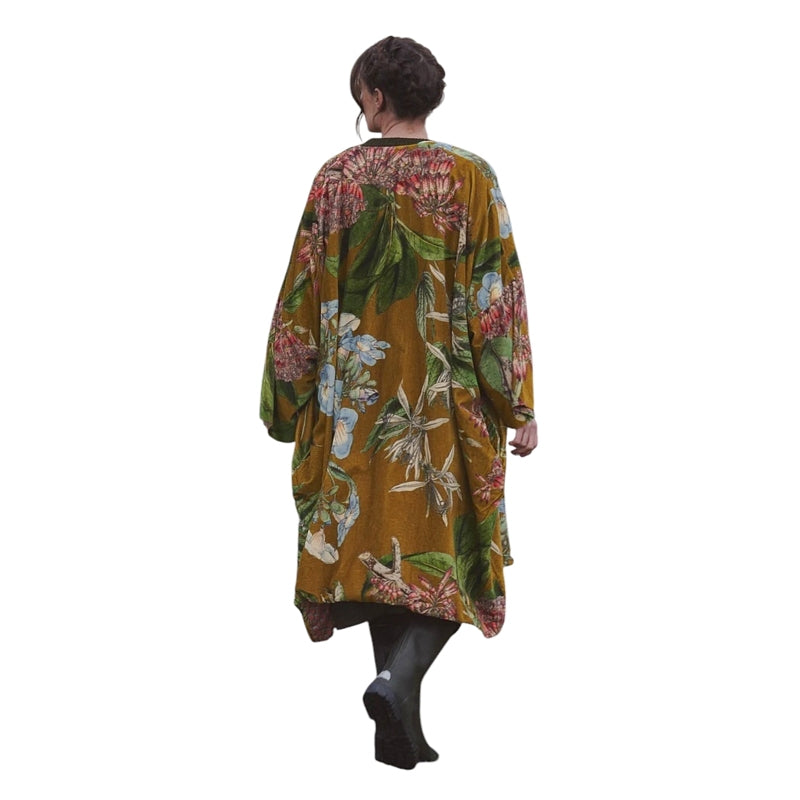 One Hundred Stars Velvet Grande Kimono Rhodoleia Gold on model rear