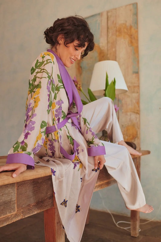 One Hundred Stars Wisteria Dressing Gown Lilac on model lifestyle sitting