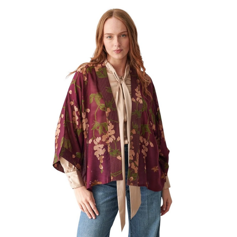 One Hundred Stars Wisteria Kimono Plum on model front