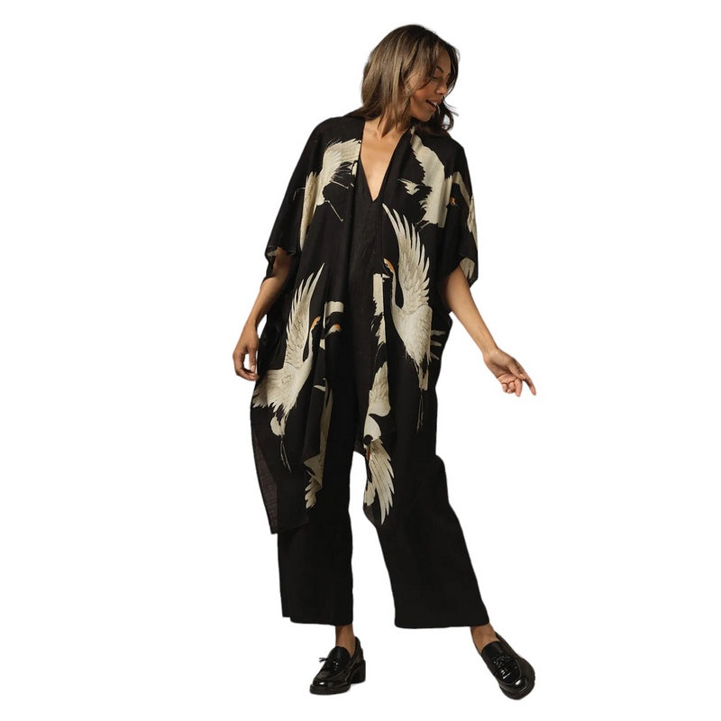 One Hundred Stars Wool Throwover Stork Black WTHSTOBLK on model front