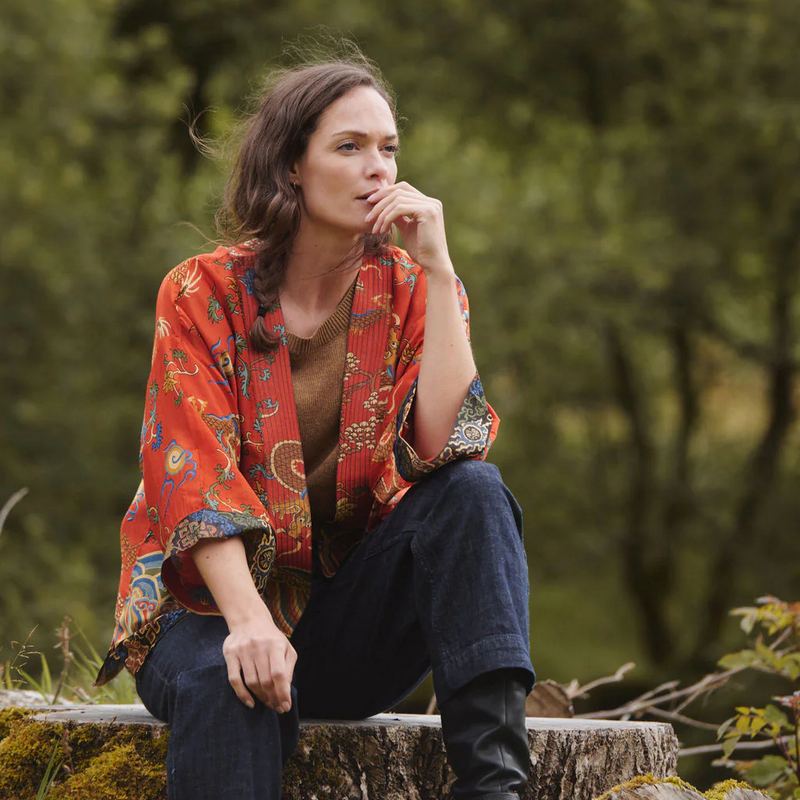 One Hundred Stars Dragon Rust Kimono on model lifestyle sitting outside