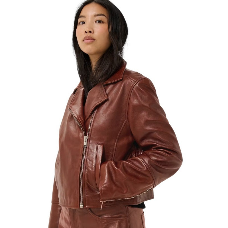 Part Two Clothing Cimmie Leather Jacket Brown Out 30310885-191428 on model side