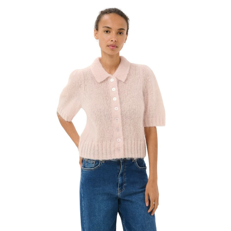Part Two Clothing Vernoni Knitted Mohair Short Sleeve Cardigan Mauve Chalk on model front