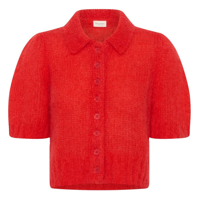 Part Two Vernoni Knitted Mohair Short Sleeve Cardigan Red Poppy front