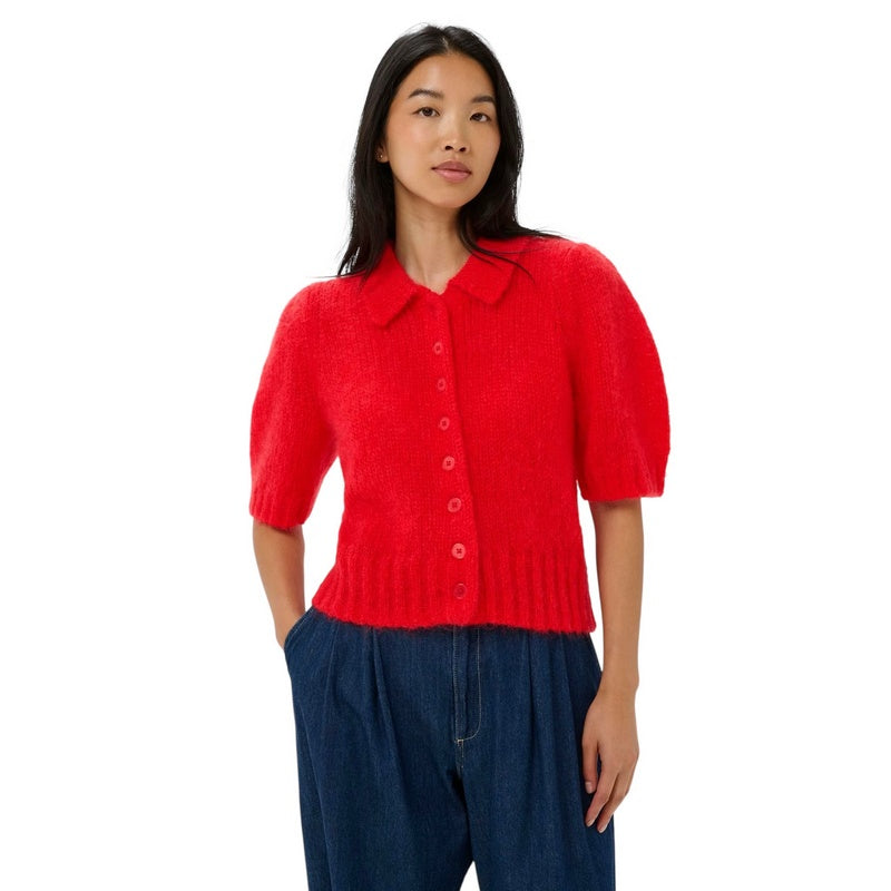 Part Two Vernoni Knitted Mohair Short Sleeve Cardigan Red Poppy on model front