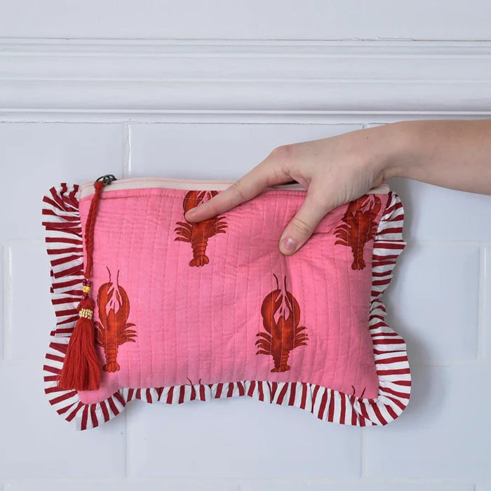 Pink & Red Lobster Print Make-Up Bag QMF469 held by model front