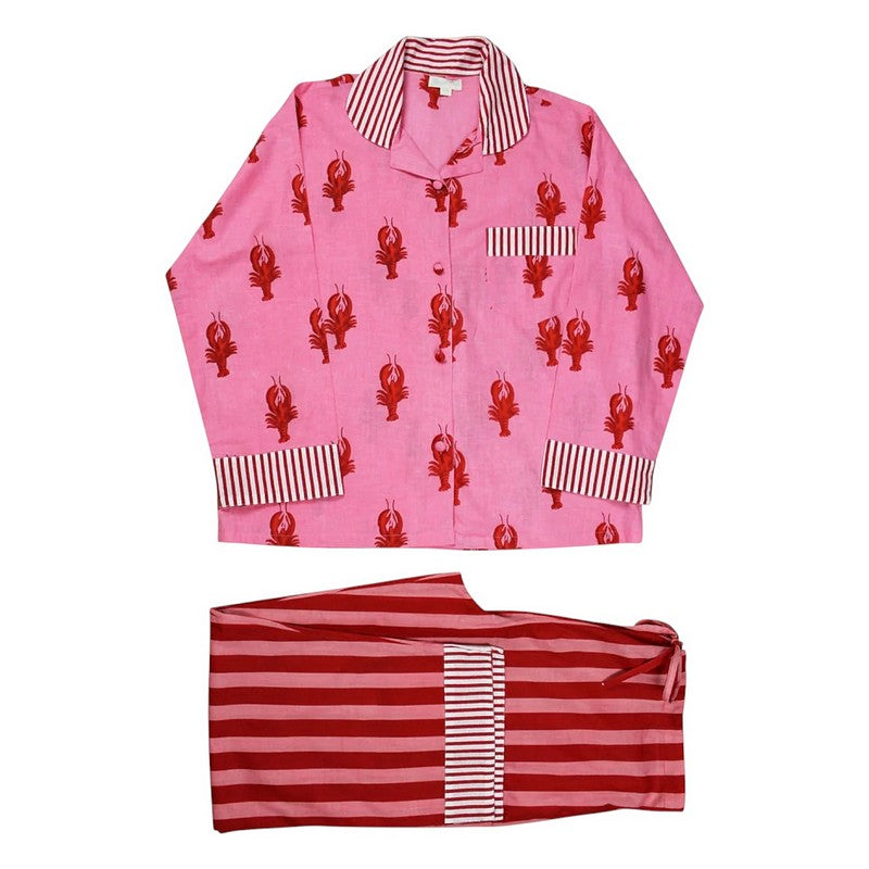 Pink & Red Lobster Print Stripy Trim Pyjamas folded