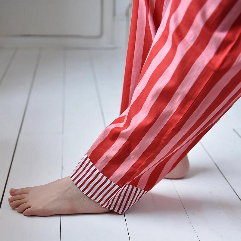 Pink & Red Lobster Print Stripy Trim Pyjamas on model lifestyle leg detail