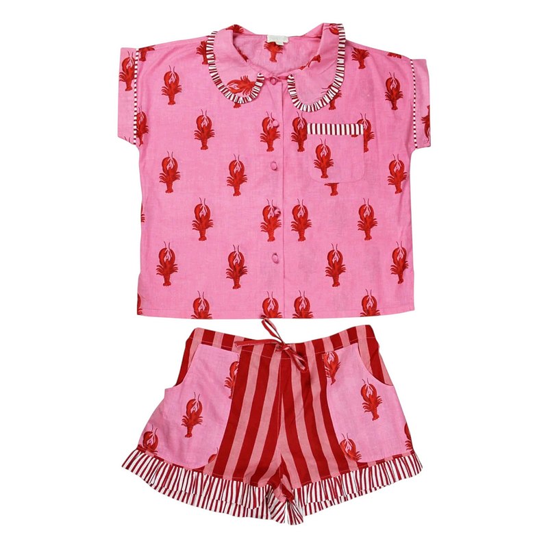 Pink and Red Lobster Print Stripy Trim Short Pyjamas SPJ469 flat