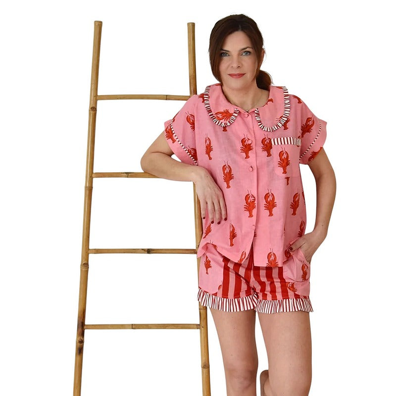 Pink and Red Lobster Print Stripy Trim Short Pyjamas SPJ469 on model front