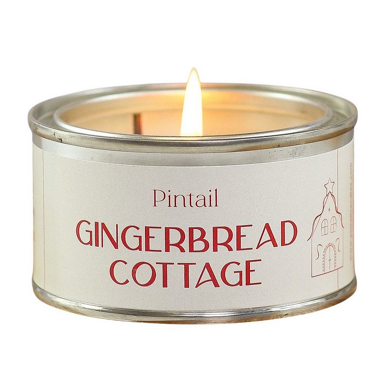 Pintail Candles Paintpot Tin Gingerbread Cottage front lit