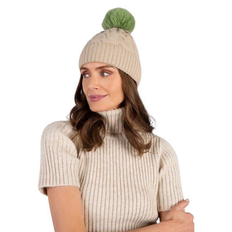 Powder Designs Elise Bobble Hat Cream & Sage ELI12 on model