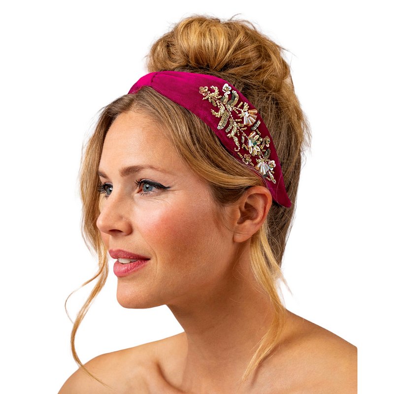 Powder Designs Embellished Velvet Headband Golden Wildflowers in Fuchsia HDB73 on model