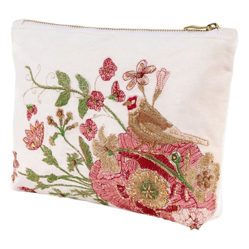 Powder Designs Embroidered Zip Pouch Goldfinch Cream MEZ3 front