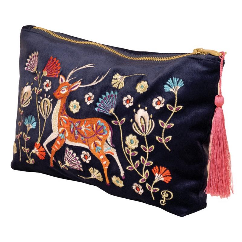 Powder Designs Folk Art Deer Velvet Zip Pouch Slate VZP16 front