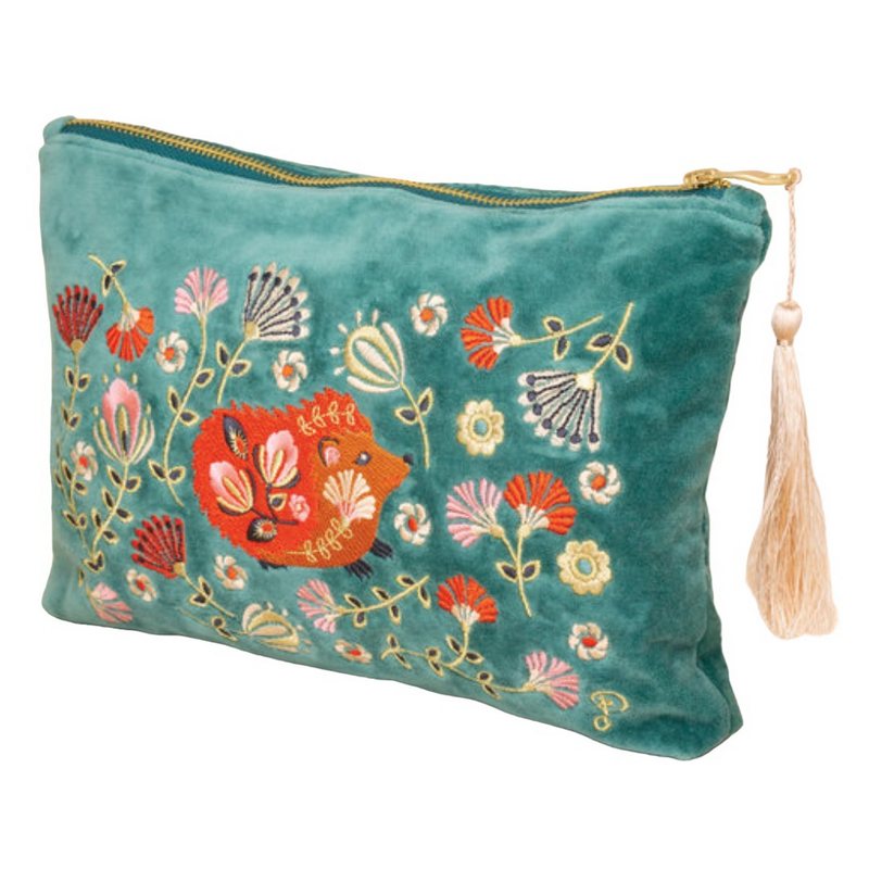 Powder Designs Folk Art Hedgehog Velvet Zip Pouch Aqua VZP17 front