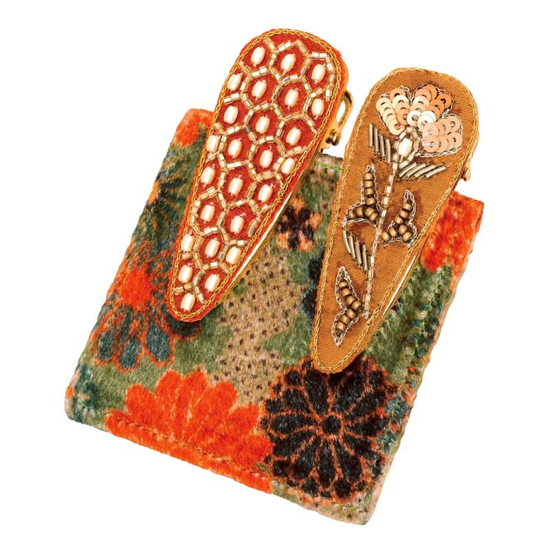 Powder Designs Jewelled Hexagon Floral Stem Hairclips Tangerine & Mustard 2 Pack JEW26 main