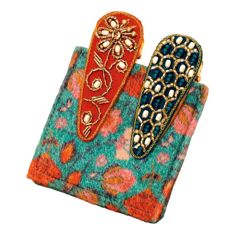 Powder Designs Jewelled Hexagon Floral Stem Hairclips Teal & Tangerine 2 Pack JEW25 main