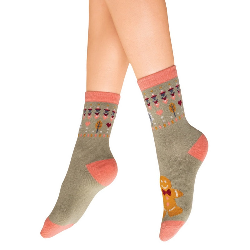 Powder Designs Knitted Socks Gingerbread Man Sage SOC638 main