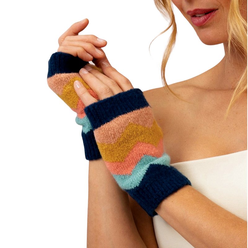 Powder Designs Ladies Nora Wrist Warmers in Navy Zigzag Mix NOR7 on model