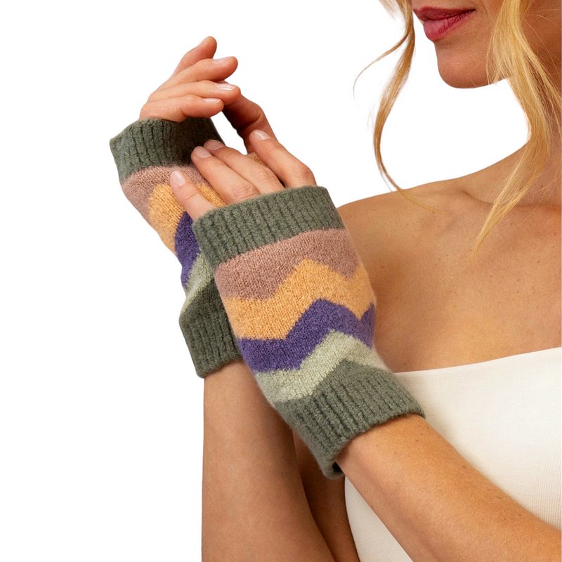 Powder Designs Ladies Nora Wrist Warmers in Sage Zigzag Mix NOR6 on model