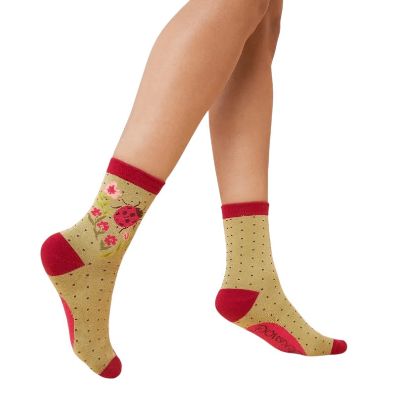 Powder Designs Ladybird Ankle Socks Sage SOC647 on model 1
