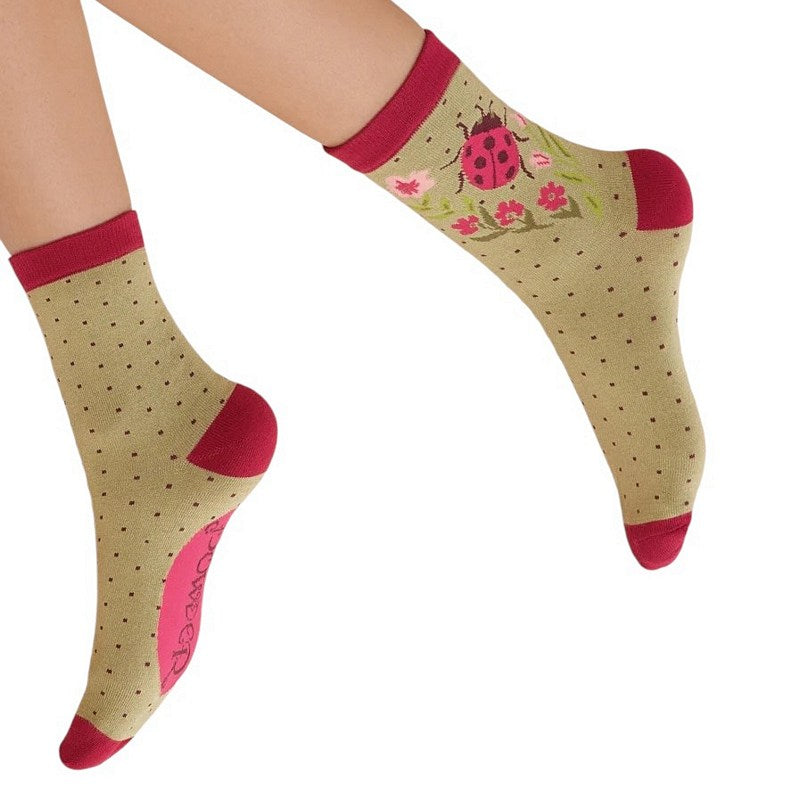 Powder Designs Ladybird Ankle Socks Sage SOC647 on model 2