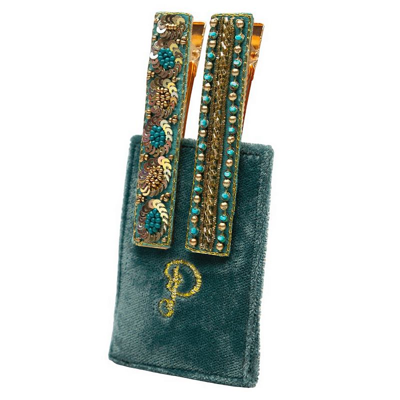 Powder Designs Narrow Jewelled Hair Bar - Teal Ovals & Beads 2 Pack BAR10 front