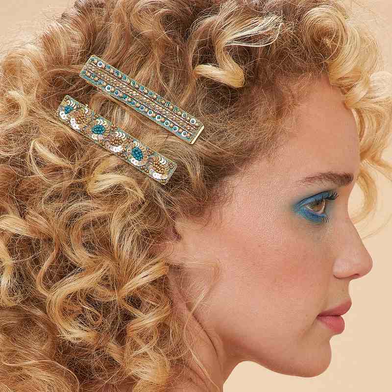 Powder Designs Narrow Jewelled Hair Bar - Teal Ovals & Beads 2 Pack BAR10 on model