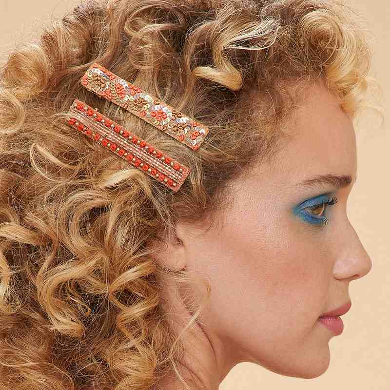 Powder Designs Narrow Jewelled Hair Bar Coral Ovals & Beads 2 Pack BAR11 on model