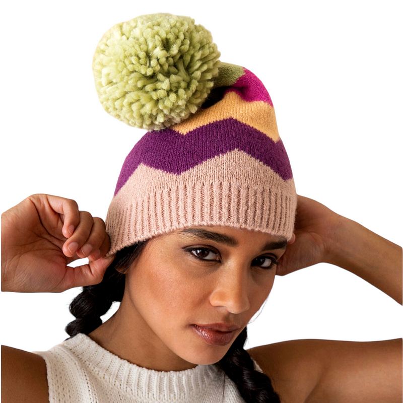 Powder Designs Nora Bobble Hat Taupe Zigzag Mix NOR2 on model