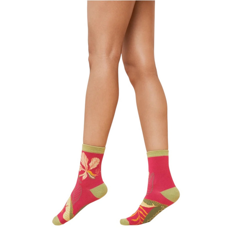 Powder Designs Tropical Flora Ankle Socks Dark Rose SOC646 on model