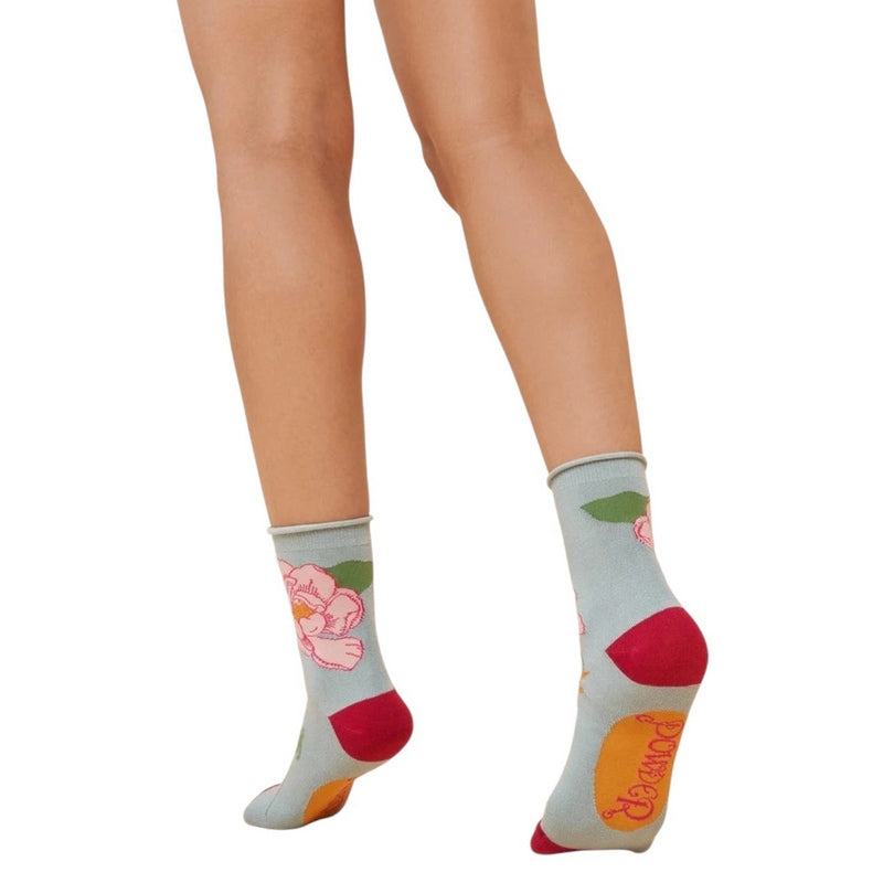 Powder Designs Tropical Flora Ankle Socks Ice SOC652 on model rear
