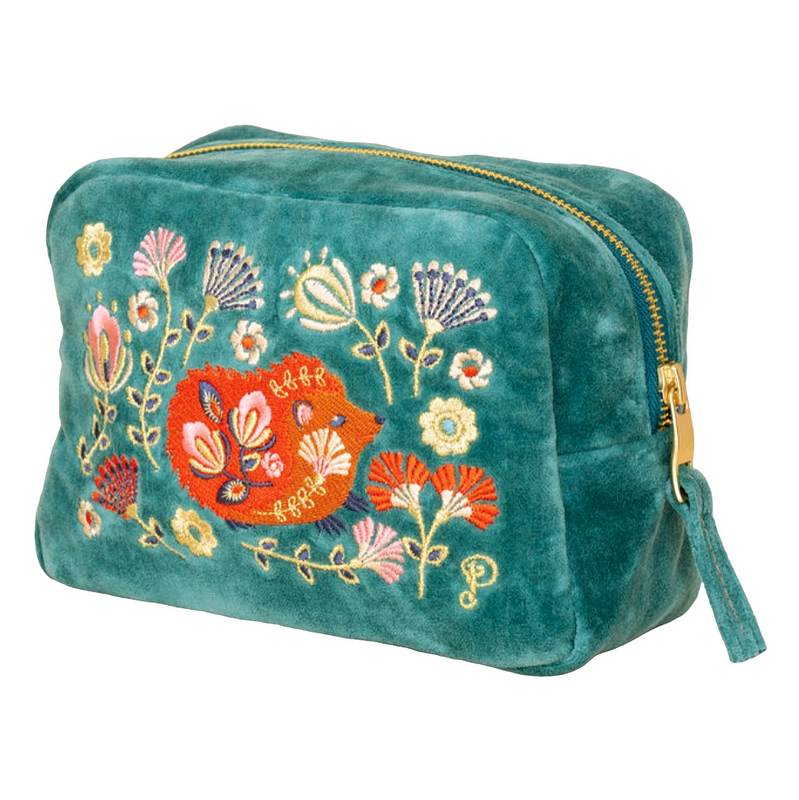 Powder Designs Velvet Make-up Bag Aqua Folk Art Hedgehog VMB2 main