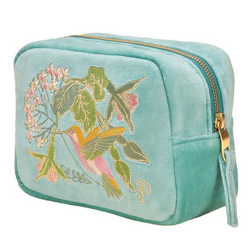 Powder Designs Velvet Make-up Bag Hummingbird Aqua VMB5 front