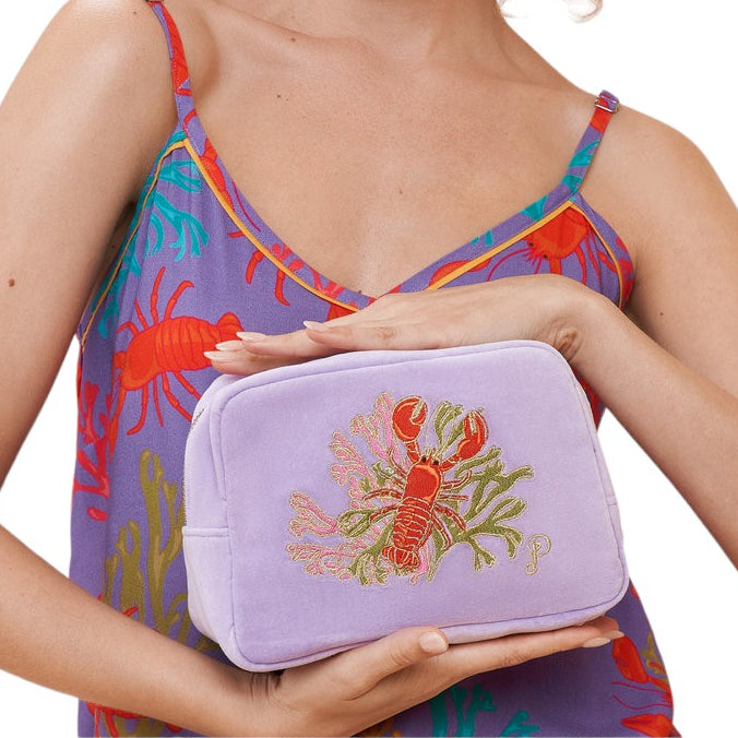 Powder Designs Velvet Make-up Bag Lobster Buddies VMB4 with model