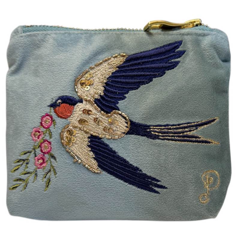 Powder Designs Velvet Mini Pouch Swooping Swallow Ice Blue VMP31 front
