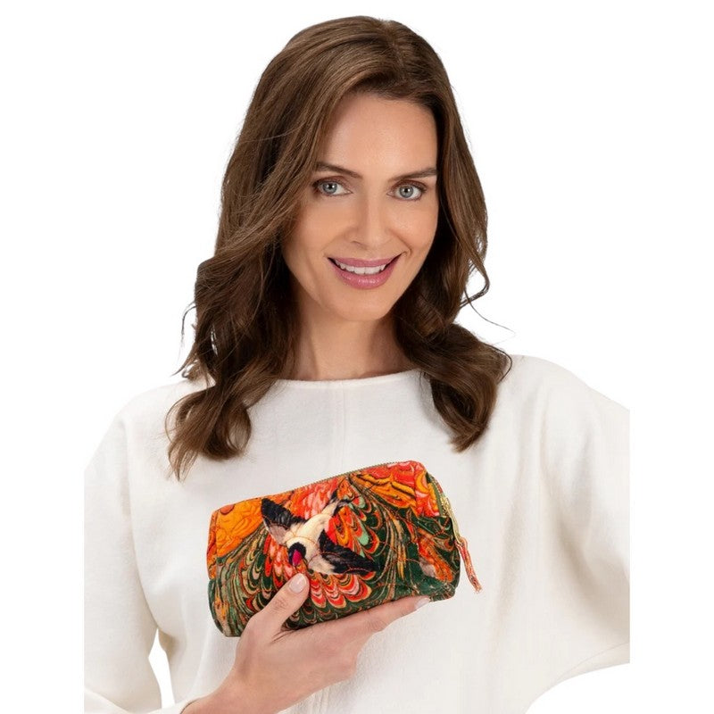 Powder Designs Velvet Quilted Vanity Bag Marbled Swallow QVB9 held by model