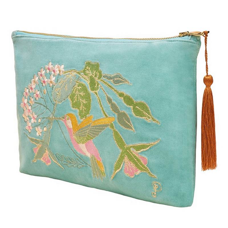 Powder Designs Velvet Zip Pouch Hummingbird Aqua VZP20 front