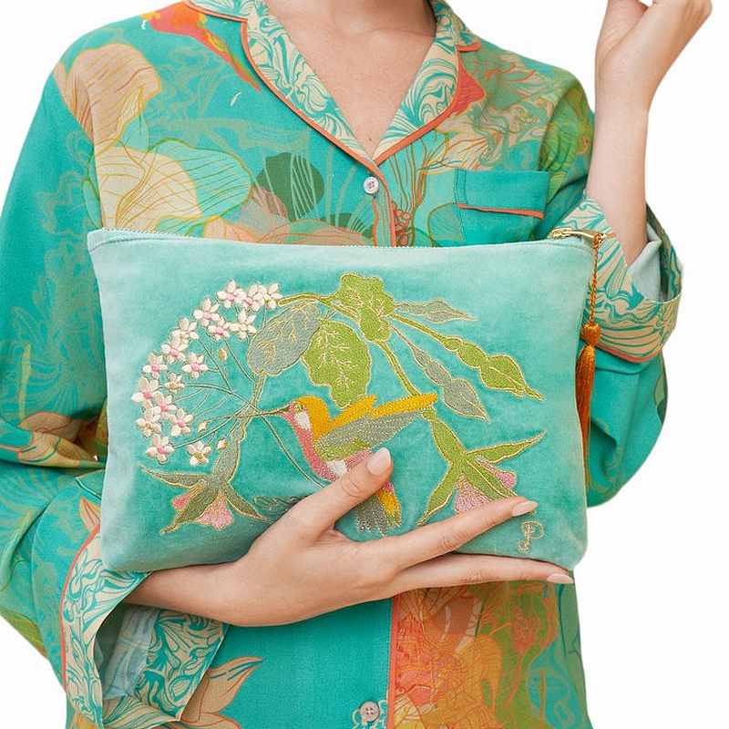 Powder Designs Velvet Zip Pouch Hummingbird Aqua VZP20 with model
