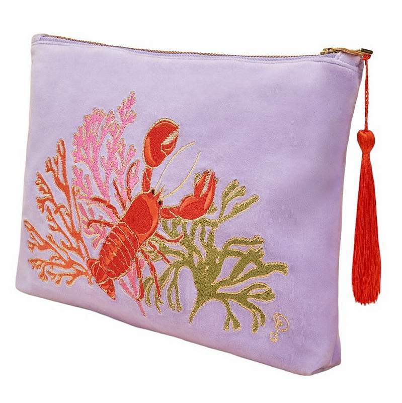 Powder Designs Velvet Zip Pouch Lobster Buddies Lavender VZP19 front