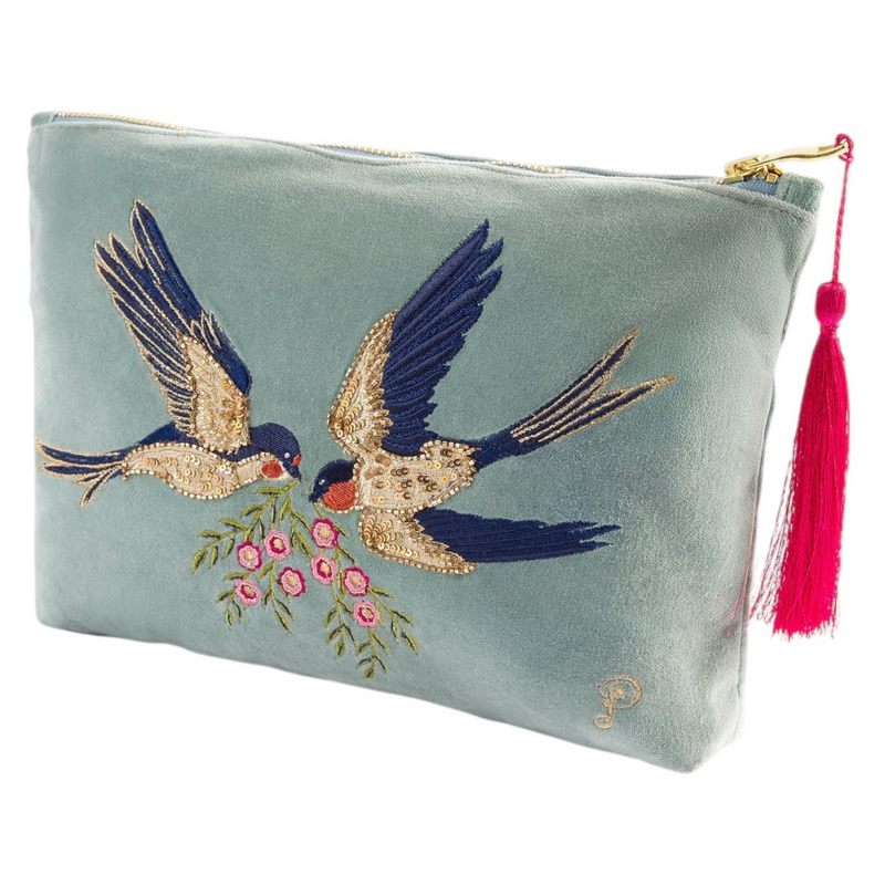 Powder Designs Velvet Zip Pouch Swooping Swallow Ice VZP28 front