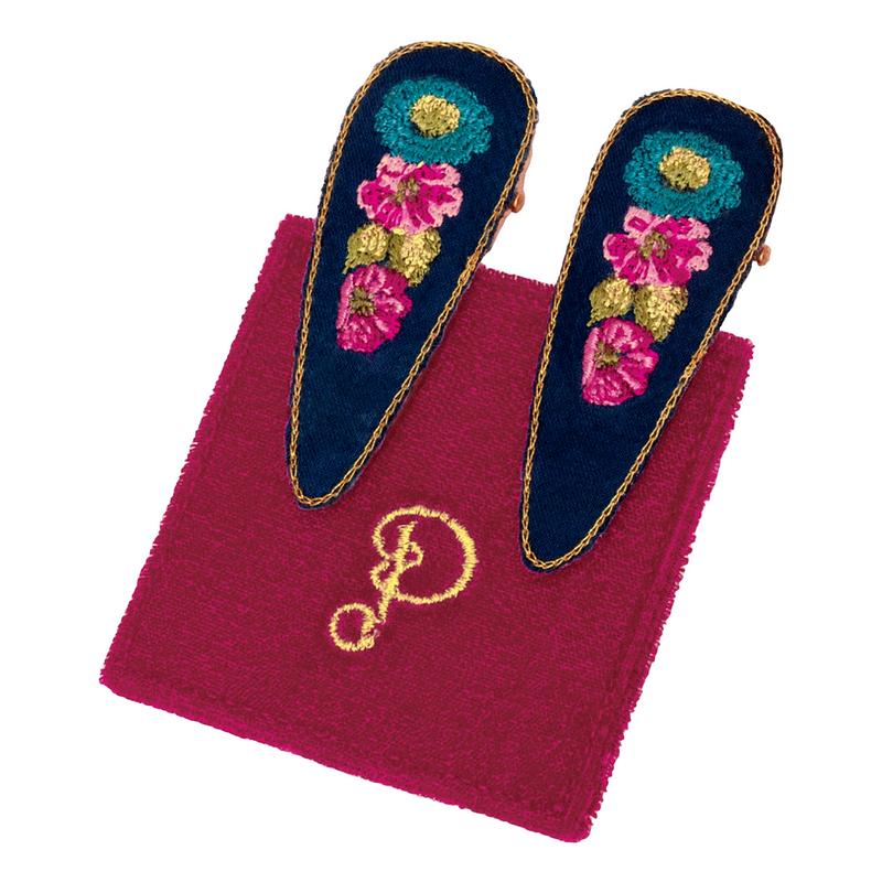 Powder Designs Vintage Floral Embroidered Hairclips Navy 2 Pack EMB9 main