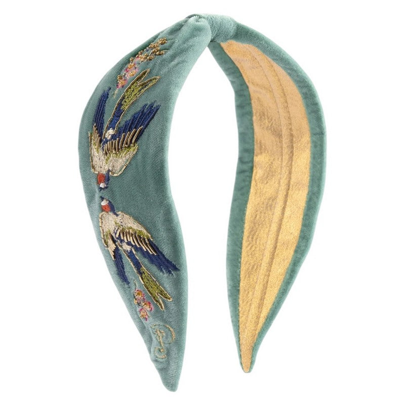 Embellished Velvet Headband Swooping Swallows - Ice
