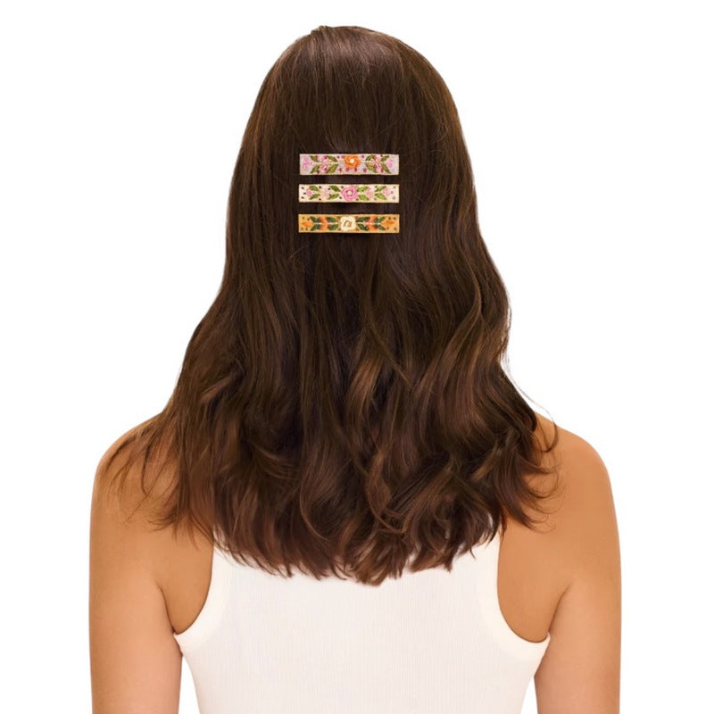 Powder UK Narrow Jewelled Hair Bar Denim Floral Vine BRT3 on model