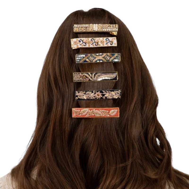 Powder UK Narrow Jewelled Hair Bar Midnight 1920s Sparkle Navy 2 Pack BAR22 on model