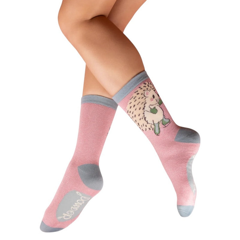 Powder UK Skating Hedgehogs Glitter Ankle Socks Petal SOC770 on model