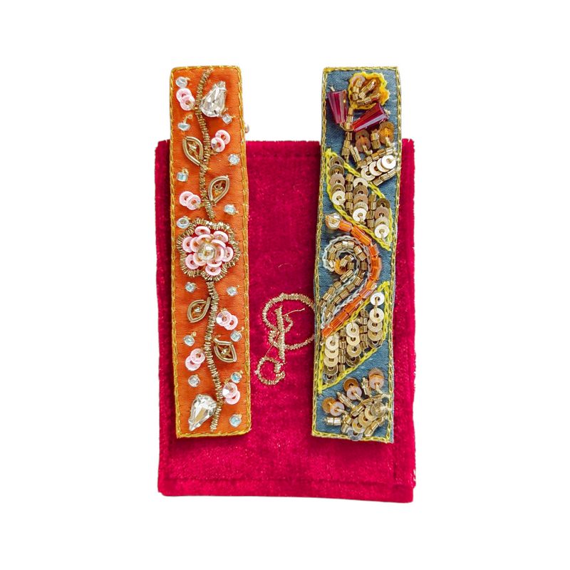 POwder Design Narrow Jewelled Hair Bar - Tangerine Floral Vines & Teal Festival front