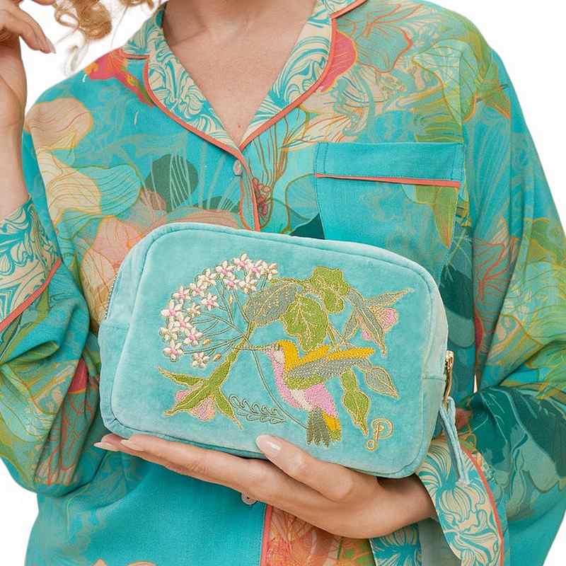 Powder Designs Velvet Make-up Bag Hummingbird Aqua VMB5 with model
