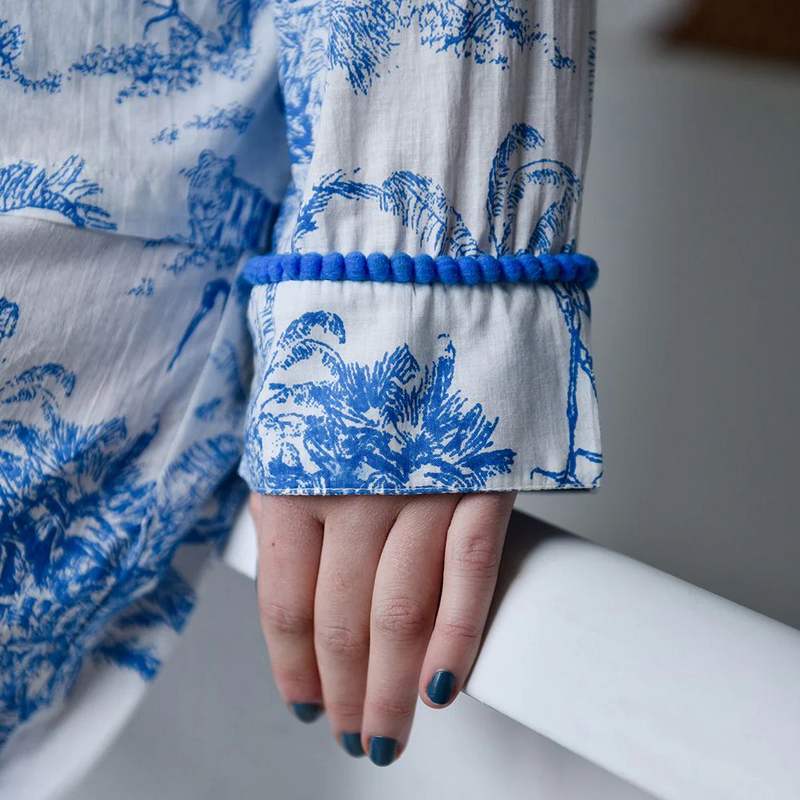 Powell Craft Blue & White Safari Toile De Jouy Pyjamas SN453S detail cuff